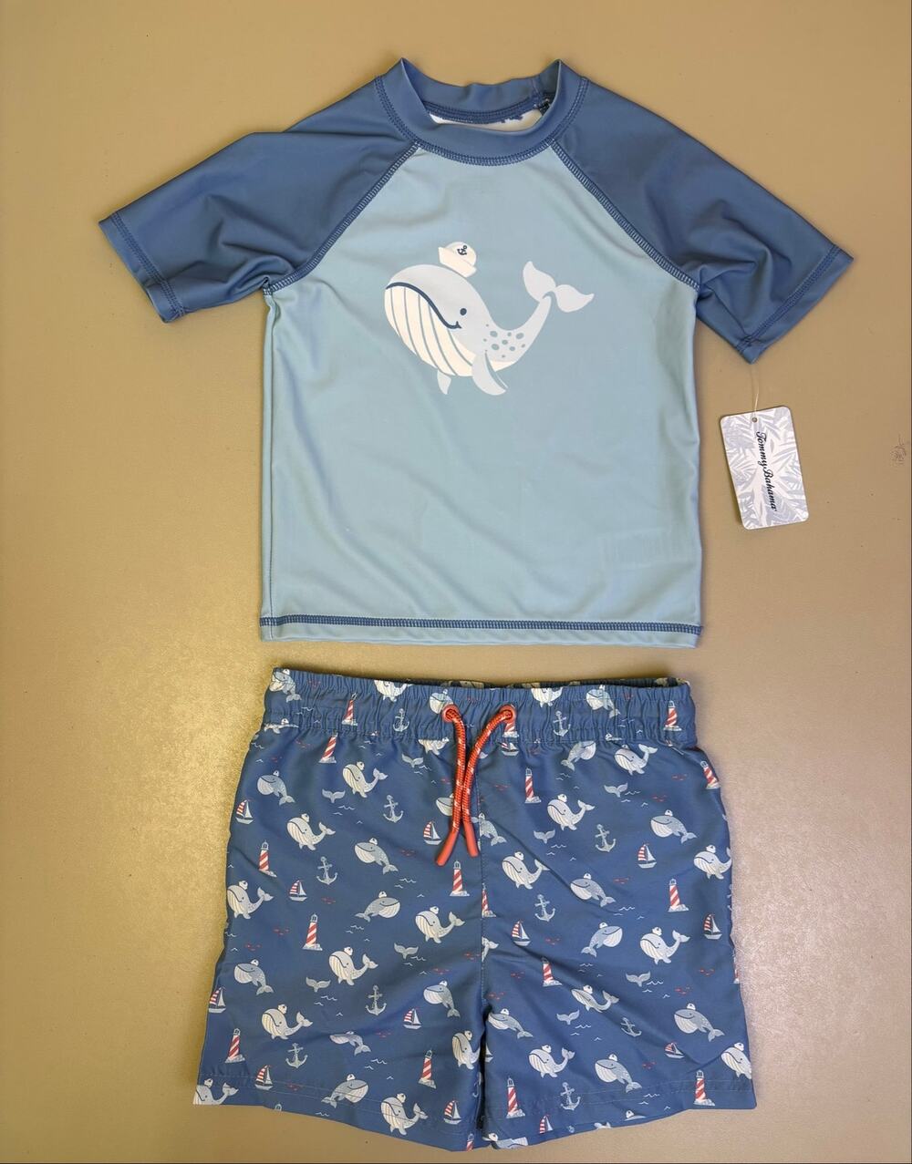 Boys Tommy Bahama 2 Piece Swim Set Rash Guard Trunks Whale Print 5T NWT